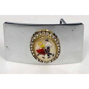 VTG Chrome 3"x2" Enamel Square Dancer Rhinestones BELT BUCKLE for 1.5" Belt USA